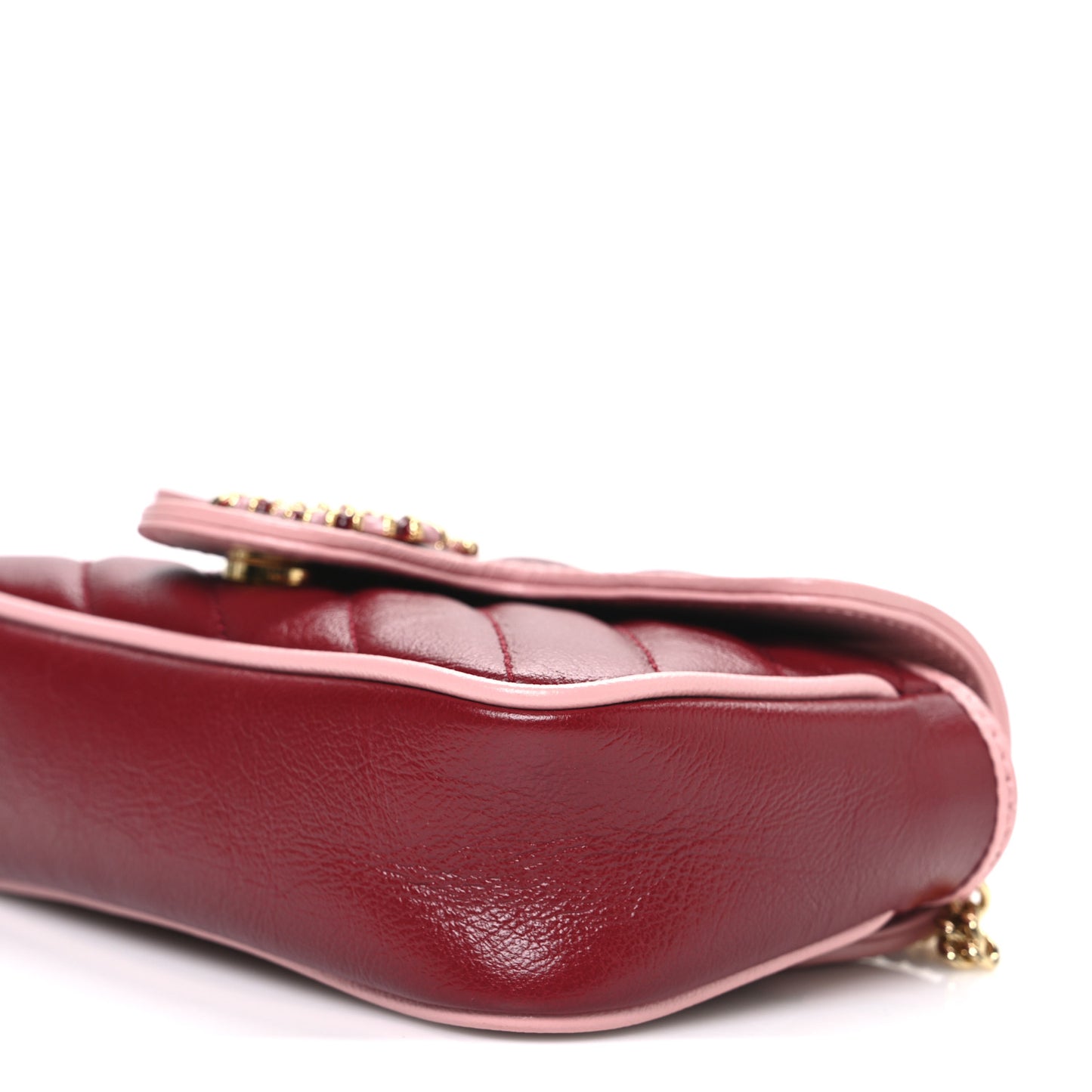 Azalea Calfskin Enamel Matelasse Diagonal Super Mini Torchon GG Marmont Shoulder Bag New Cherry Red Wild Rose