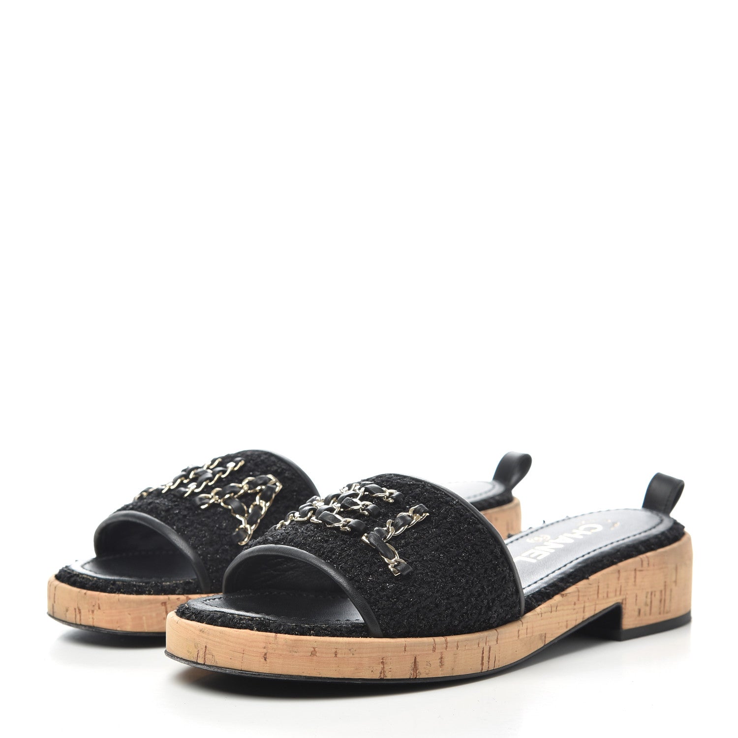 Chanel Tweed Lambskin Cork Logo Mules 38 Black 3 of 13