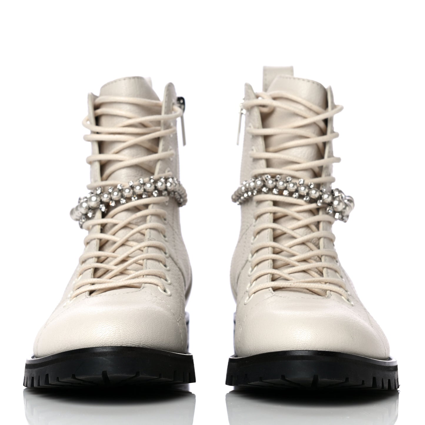 Goatskin Pearl Embellished Cruz Combat Boots 38.5 White