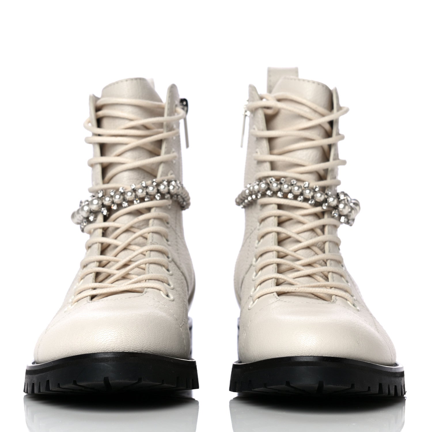 Jimmy Choo Goatskin Pearl Embellished Cruz Combat Boots 38.5 White 2 of 17