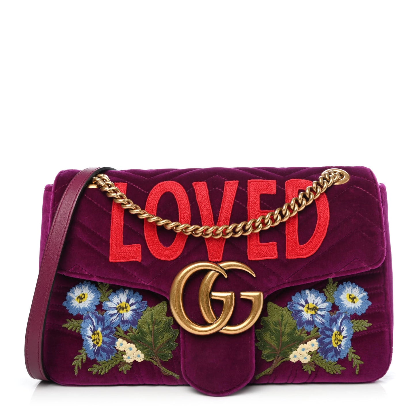 Velvet Matelasse Loved Embroidered Medium GG Marmont Shoulder Bag Fuchsia Violet Cyclamen