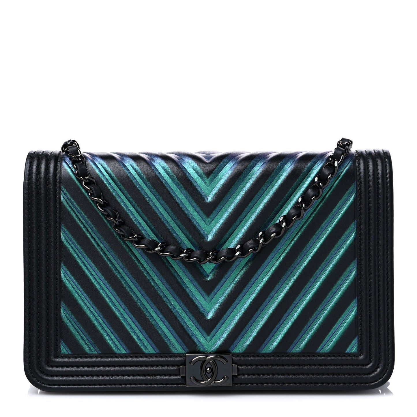 Calfskin Painted Chevron Embossed Boy Wallet On Chain WOC Black