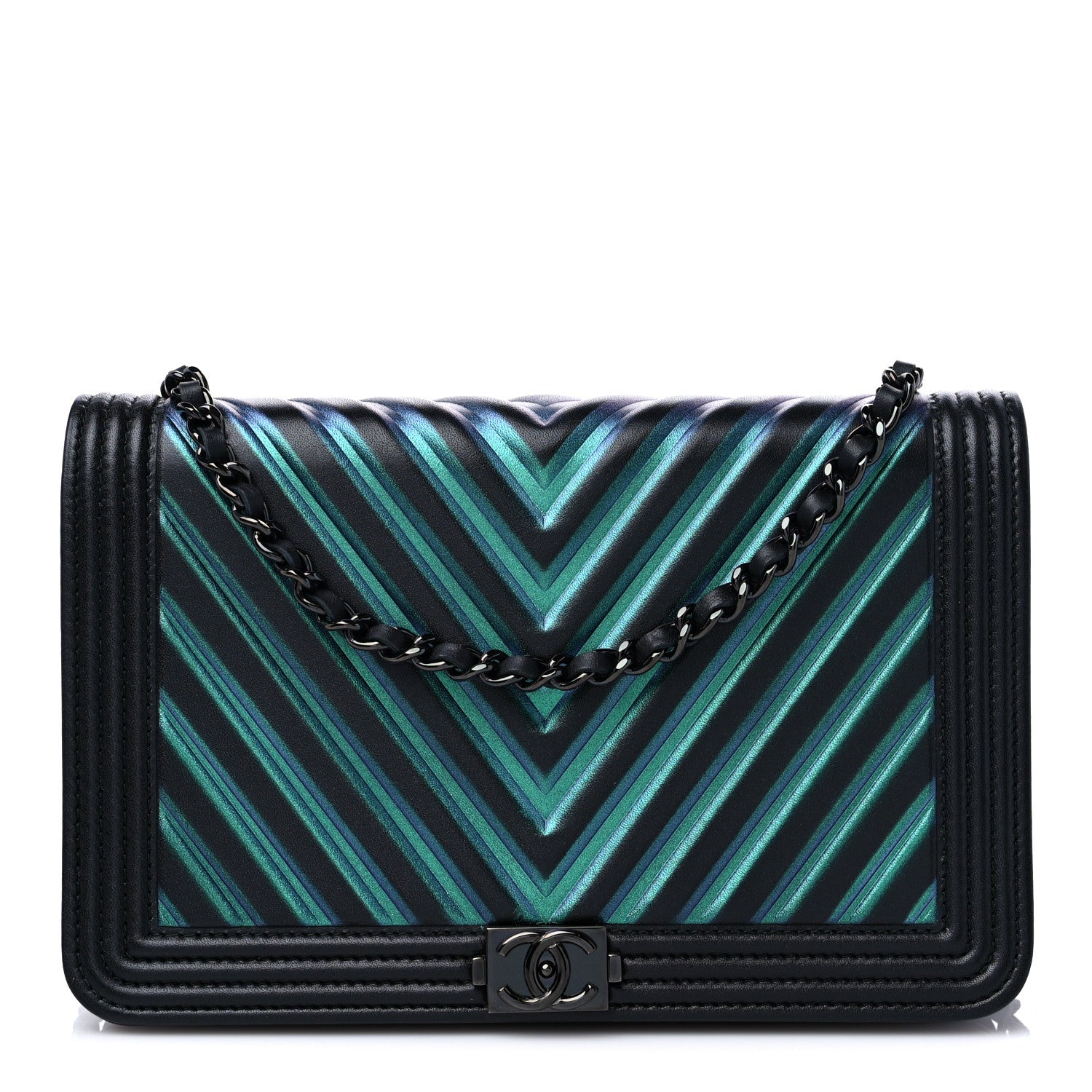 Chanel Calfskin Painted Chevron Embossed Boy Wallet On Chain WOC Black 1 of 12