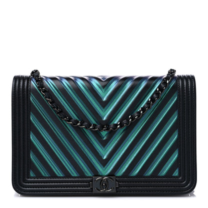 Chanel Calfskin Painted Chevron Embossed Boy Wallet On Chain WOC Black 1 of 12