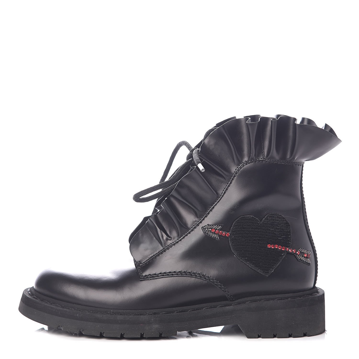 Valentino Garavani Calfskin Ruffle Heart Love Combat Boots 36 Black 1 of 8