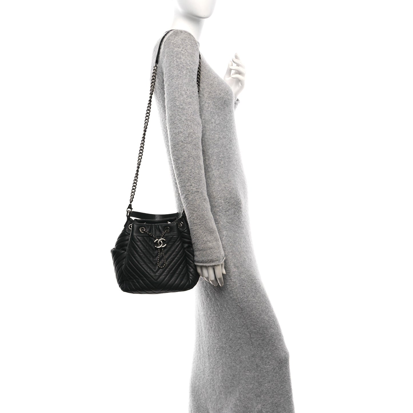 Deerskin Chevron Small CC Chain Bucket Bag Black