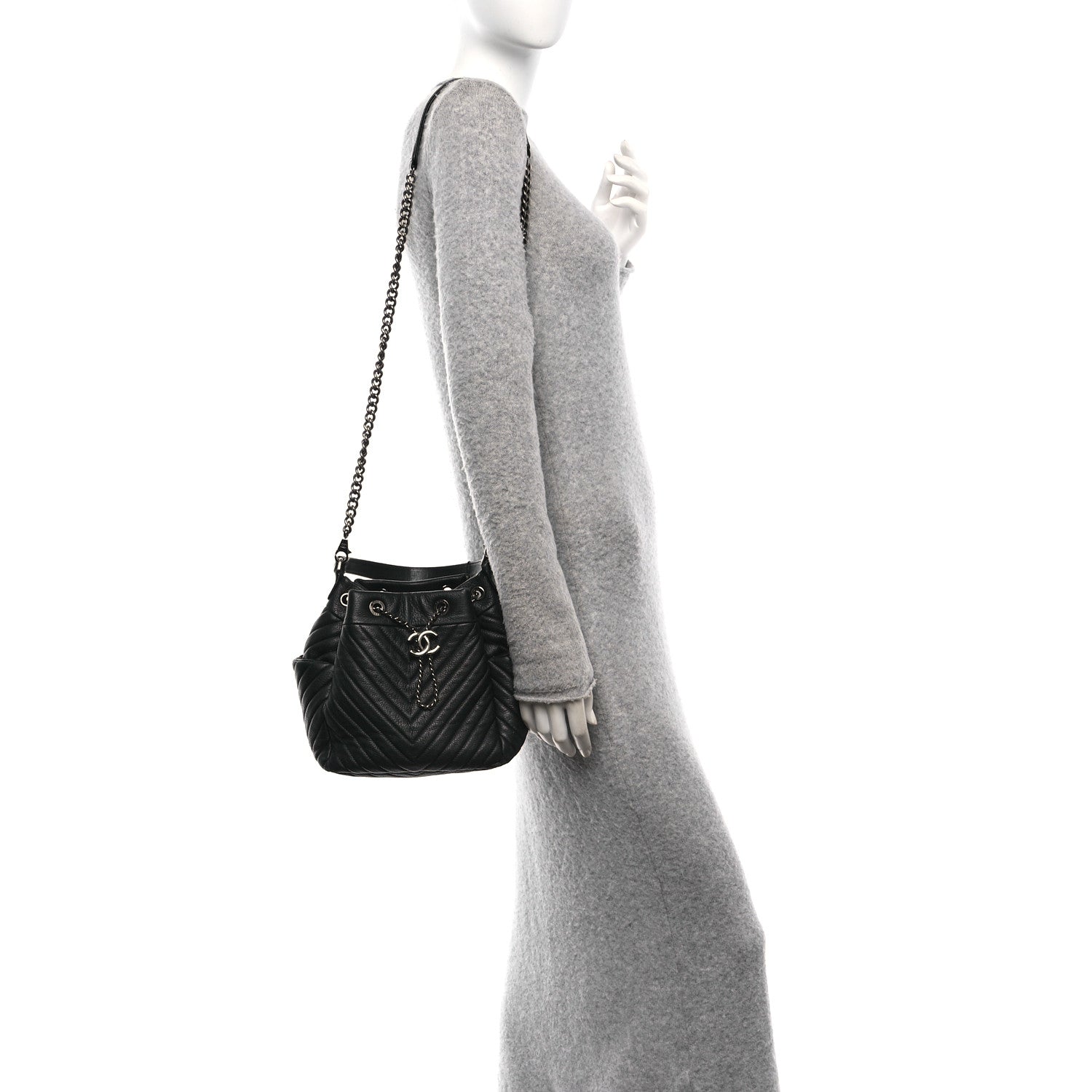 Chanel Deerskin Chevron Small CC Chain Bucket Bag Black 2 of 10
