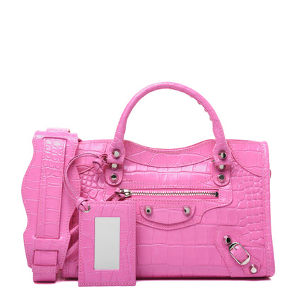 Balenciaga Shiny Supple Calfskin Crocodile Embossed Classic Silver Hardware Mini City Baby Pink 1 of 32