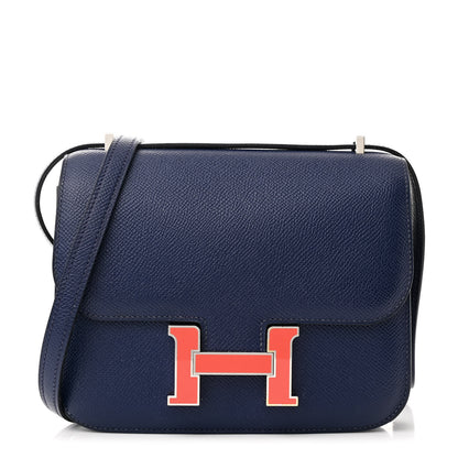 Hermes Epsom Enamel Constance 18 Bleu Saphir Orange Poppy 1 of 17