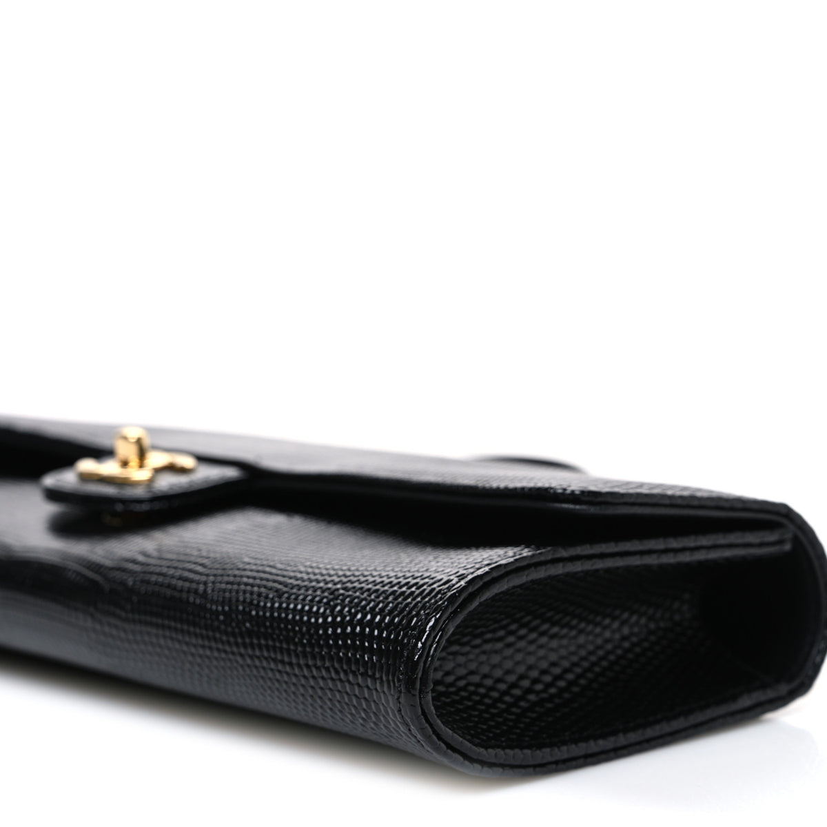 Calfskin Lizard Embossed Top Handle Long Clutch With Chain Black