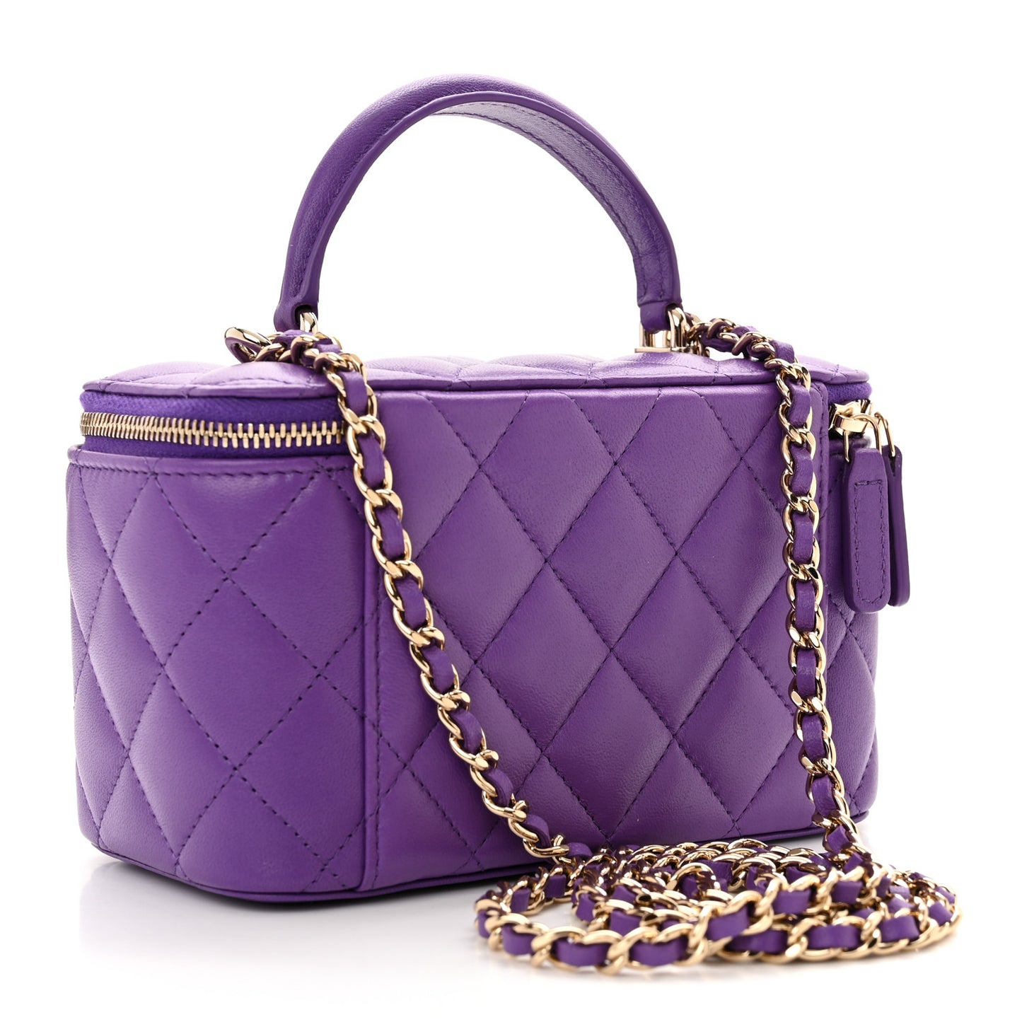 Lambskin Quilted Small Top Handle Vanity Case With Chain Purple