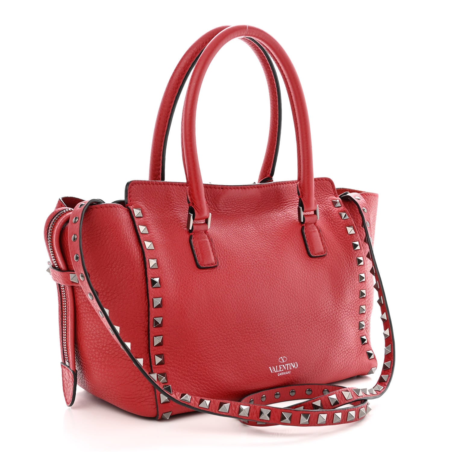 Valentino Garavani Pebbled Calfskin Small Rockstud Double Handle Tote Red 3 of 13