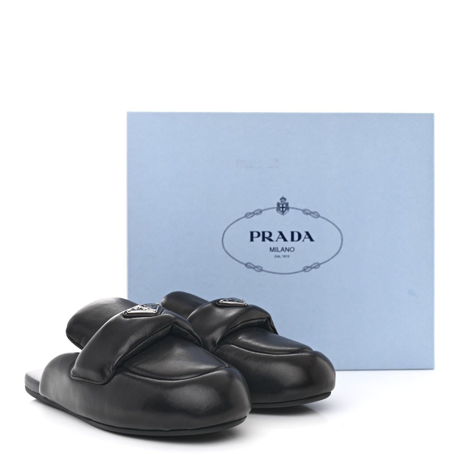 Prada Nappa Soft Padded Metal Triangle Logo Lug Sole 20mm Mules 37 Black 11 of 11