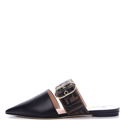 Fendi Vitello FF Embossed Buckle Flat Mules 37 Maya Black 1 of 10
