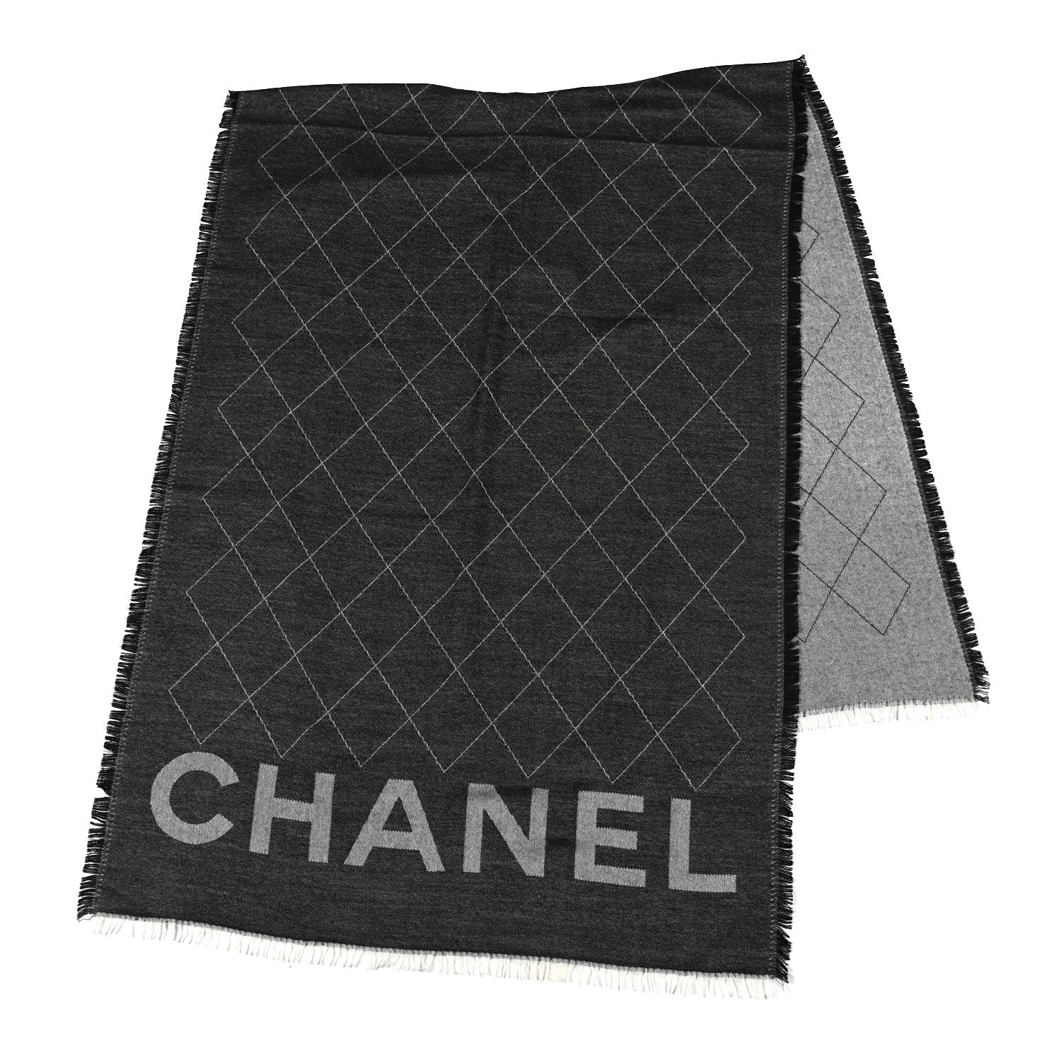 Chanel Cashmere Silk Quilted CC Logo Stole Black White 2 of 4