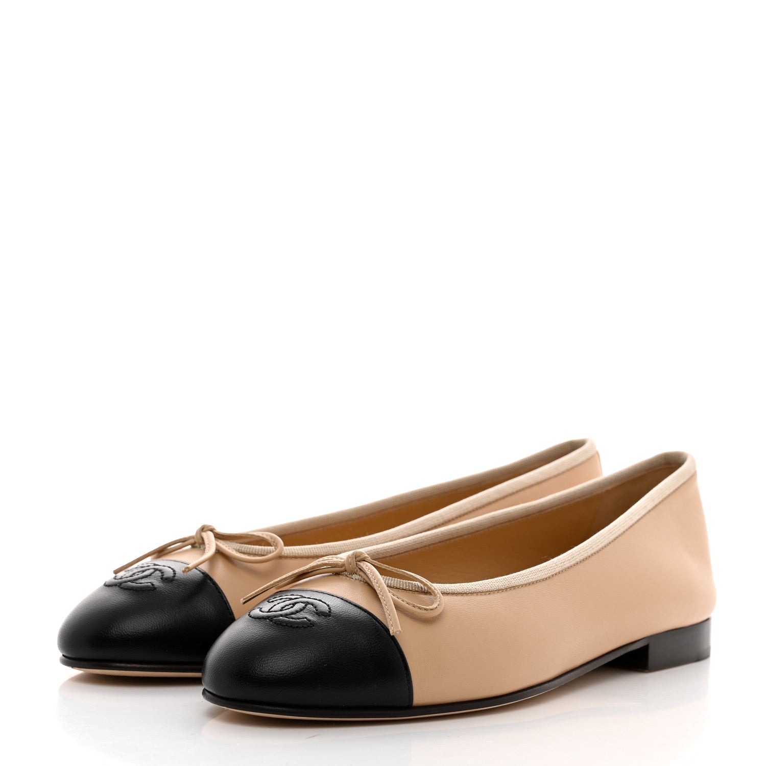 Chanel Lambskin Cap Toe CC Ballerina Flats 38 Beige Black 3 of 9