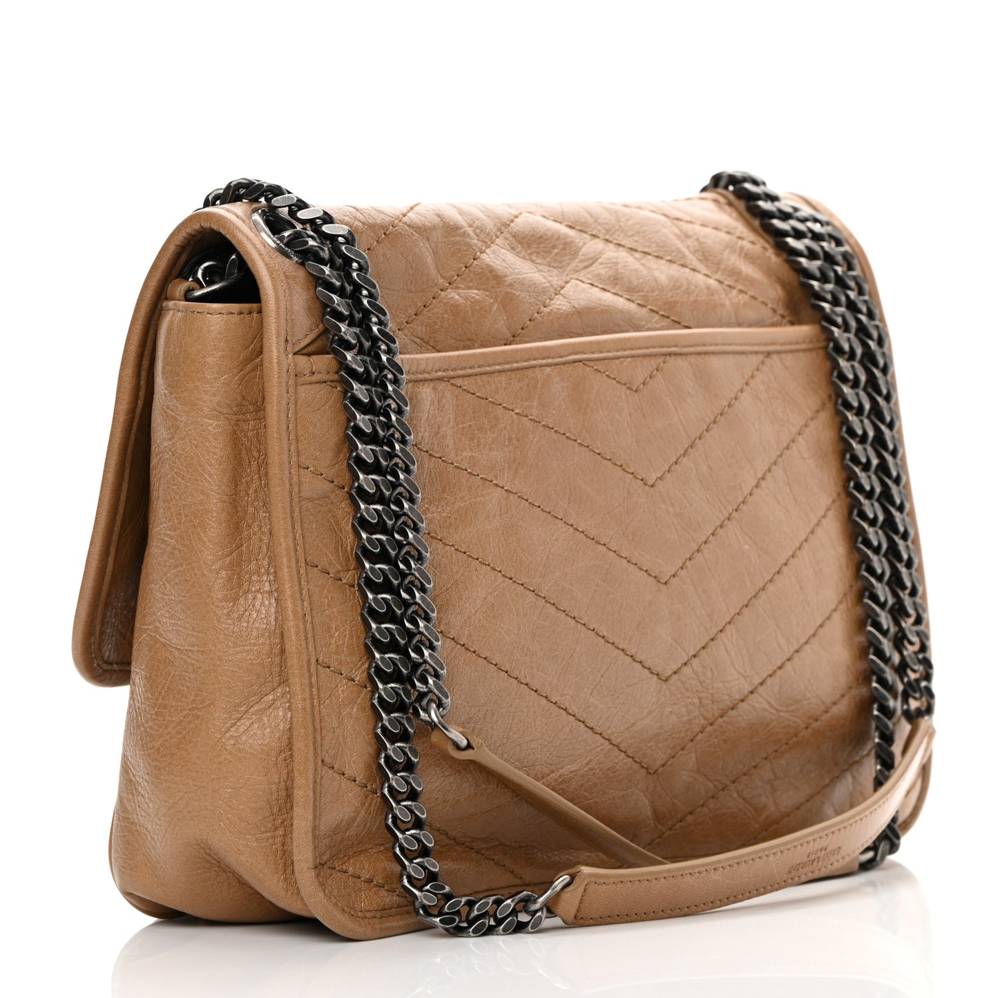 Crinkled Calfskin Matelasse Monogram Medium Niki Chain Satchel Caramel