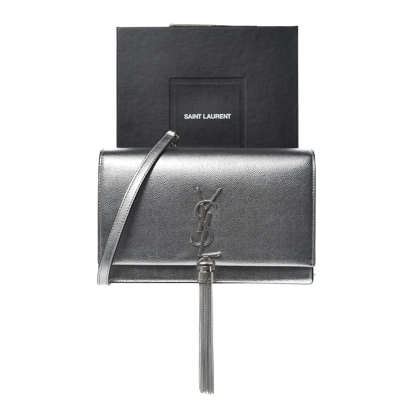 Metallic Grain De Poudre Kate Monogram Tassel Chain Wallet Silver