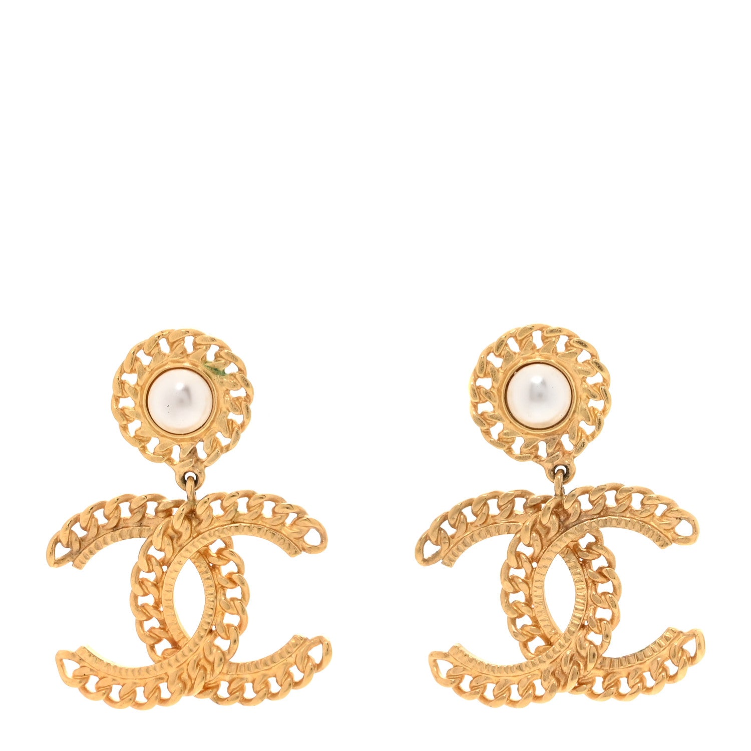 Chanel Metal Pearl CC Chain Drop Earrings Gold 1 of 8