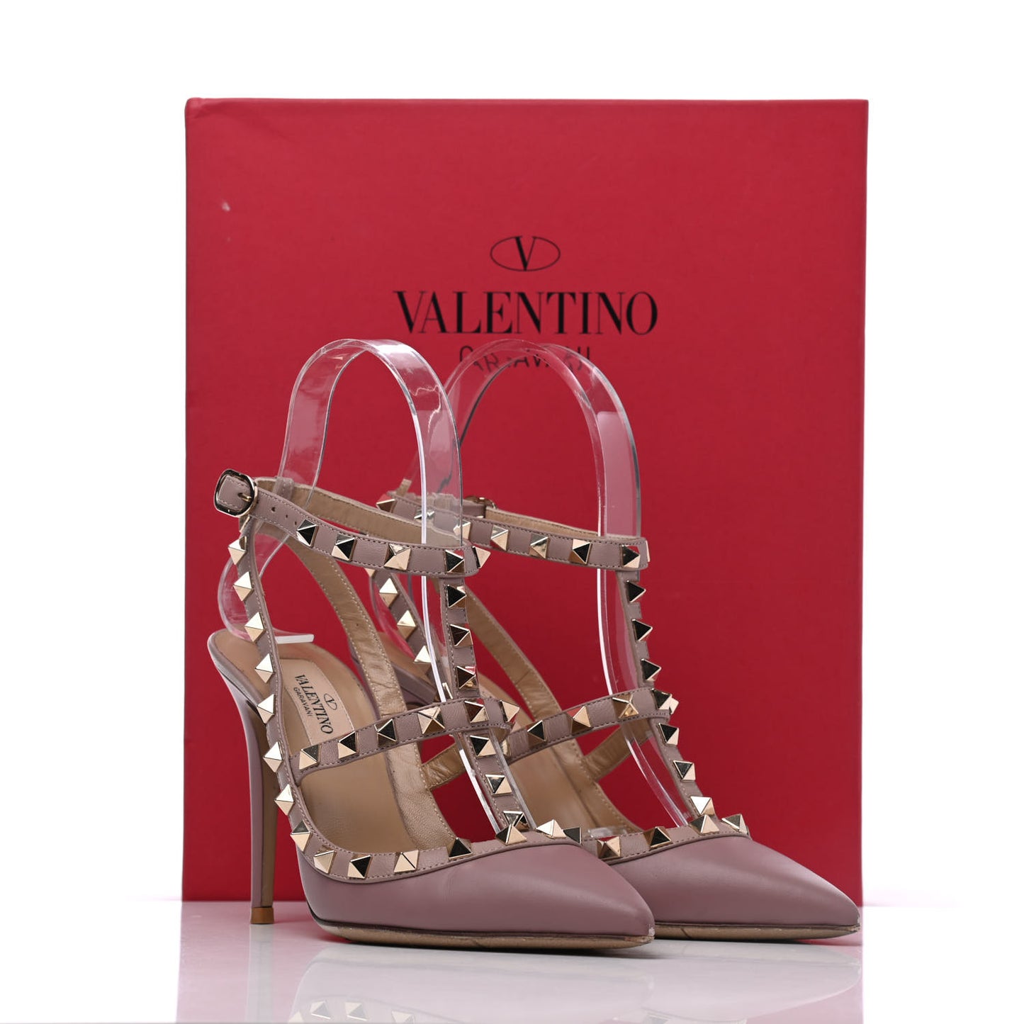 Calfskin Nappa Rockstud Ankle Strap 100mm Pumps 35 Grey Pink Poudre