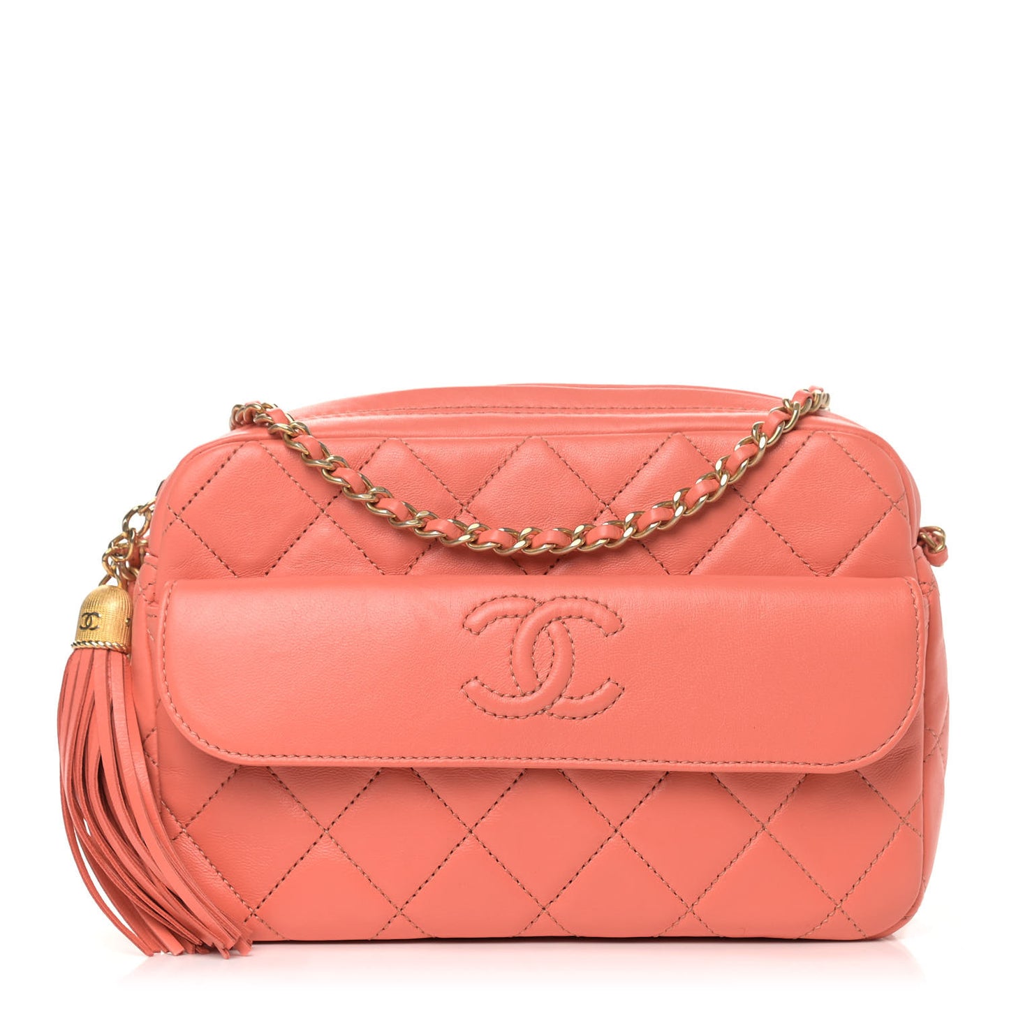 Lambskin Quilted Chain & Tassel Small Camera Case Pink