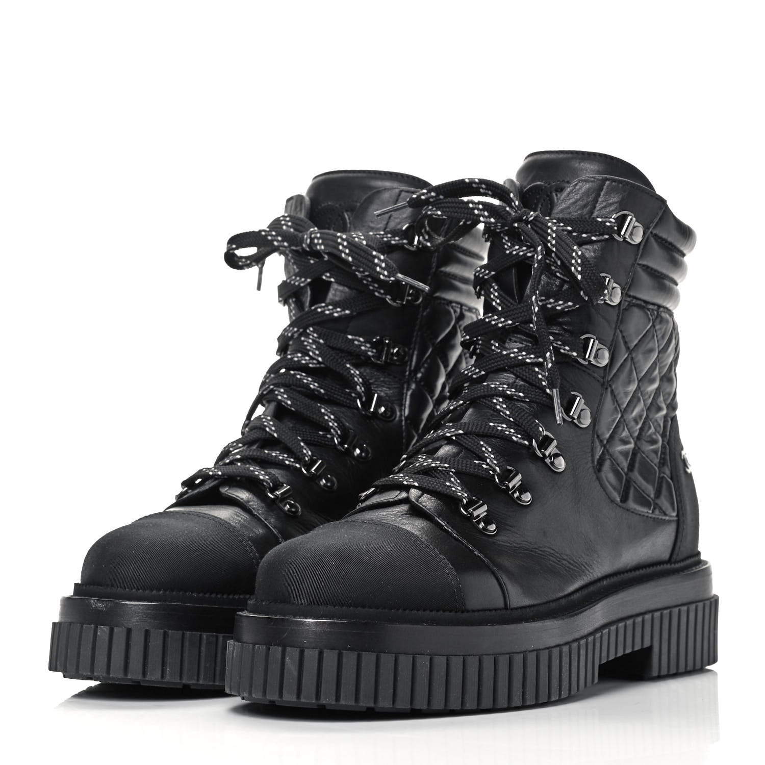 Chanel Calfskin Grosgrain Quilted Lace Up Boots 40 Black Grey 3 of 8