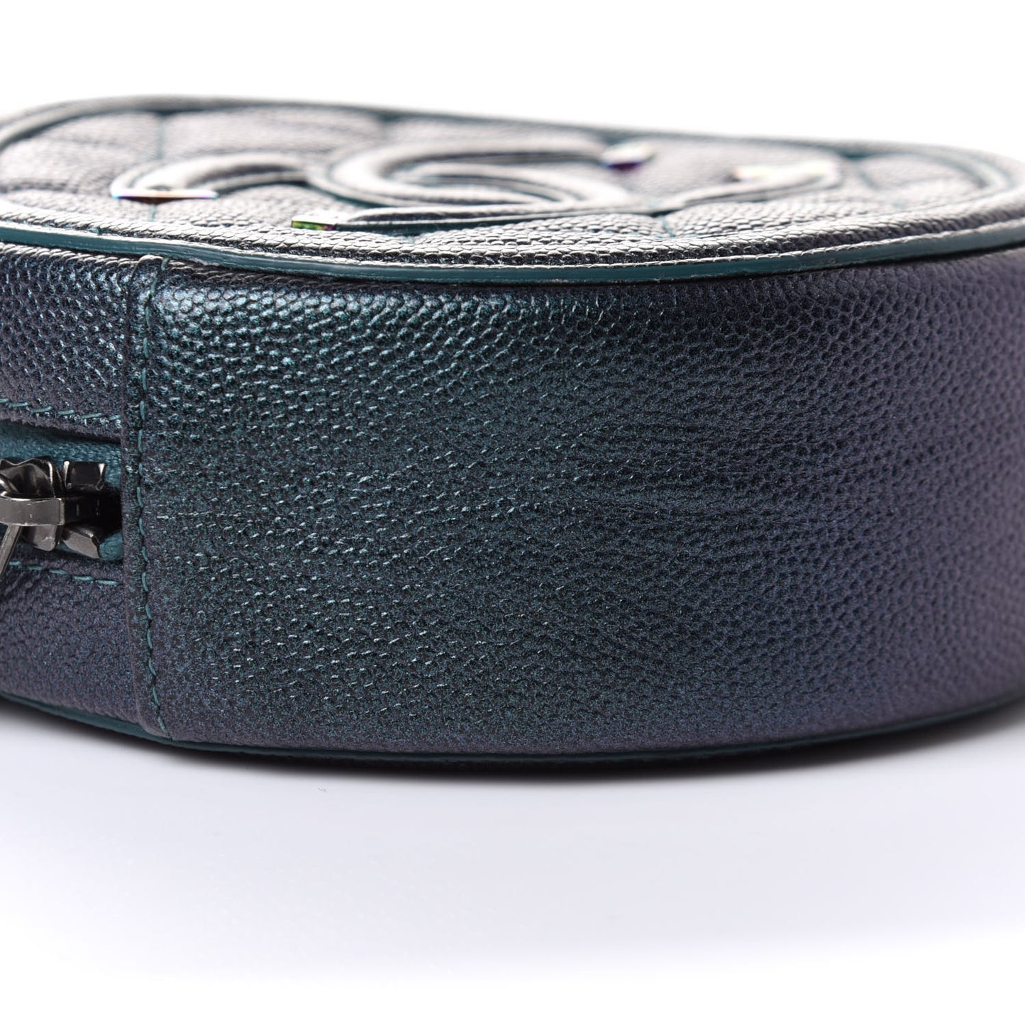 Iridescent Caviar Quilted Round Filigree Crossbody Dark Turquoise