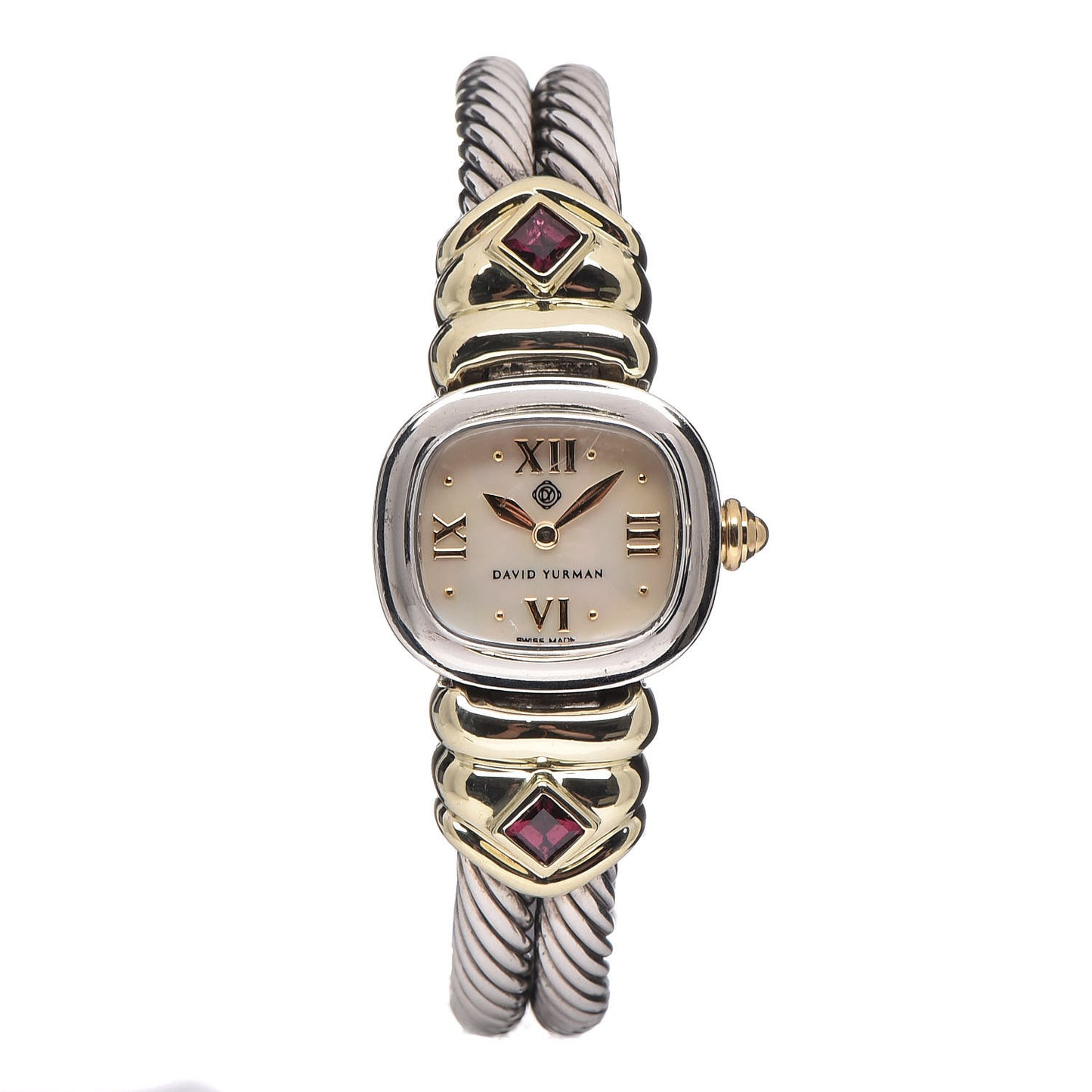Sterling Silver 14K Yellow Gold Mother of Pearl Garnet 21mm Classic Cable Quartz Watch