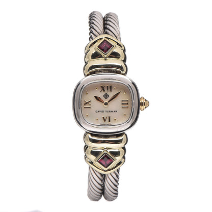 David Yurman Sterling Silver 14K Yellow Gold Mother of Pearl Garnet 21mm Classic Cable Quartz Watch 1 of 8