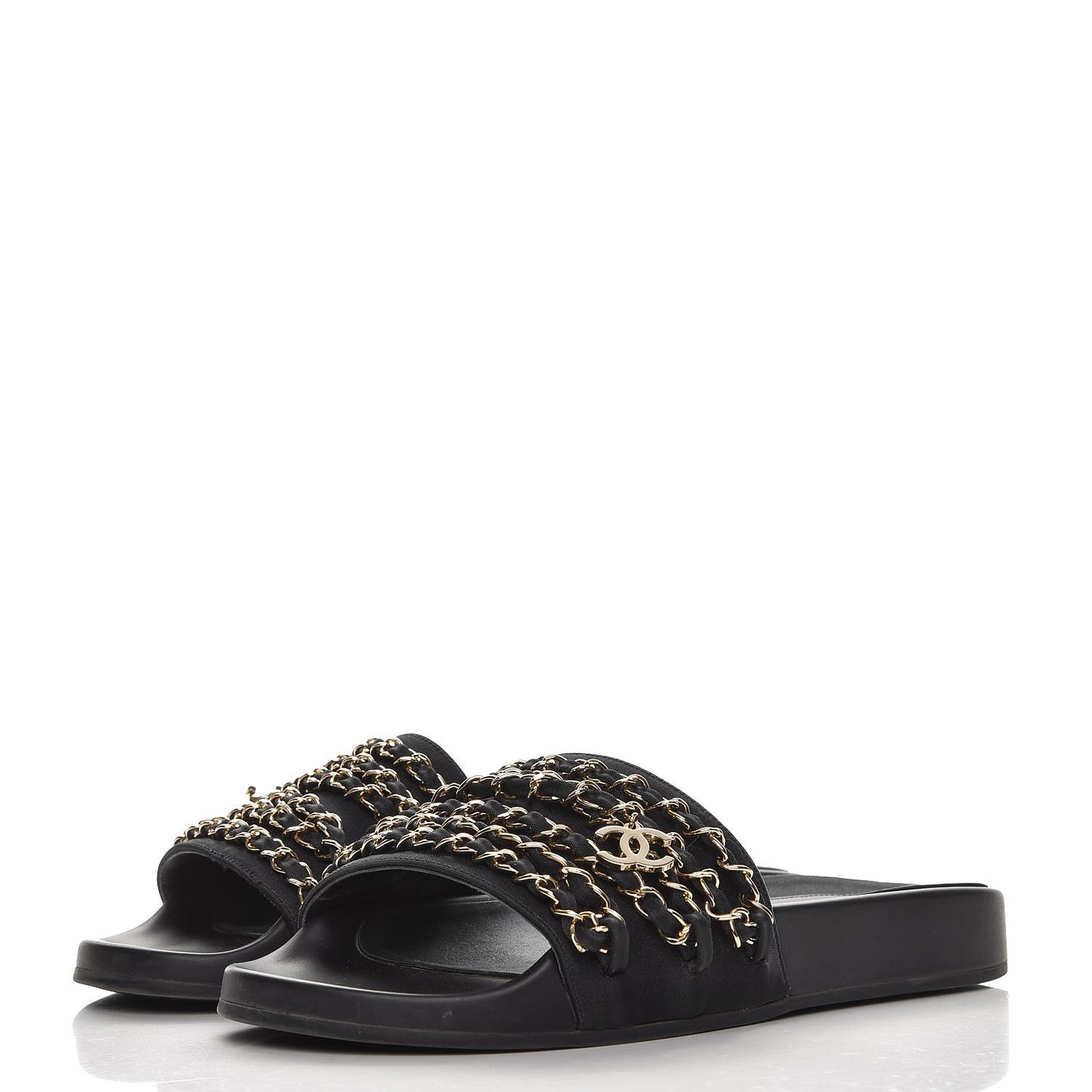 Lambskin Canvas Chain Flat Sandals 37 Marine