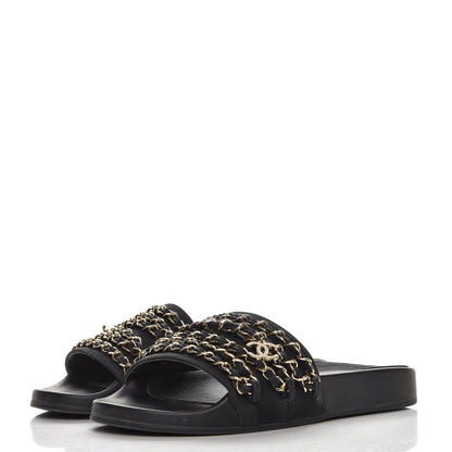 Chanel Lambskin Canvas Chain Flat Sandals 37 Marine 2 of 9