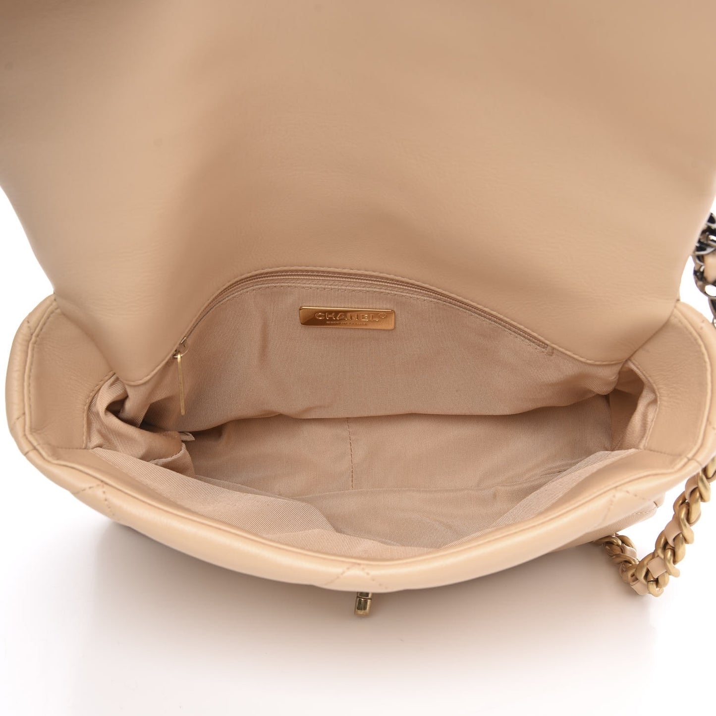 Shiny Goatskin Quilted Large Chanel 19 Flap Beige