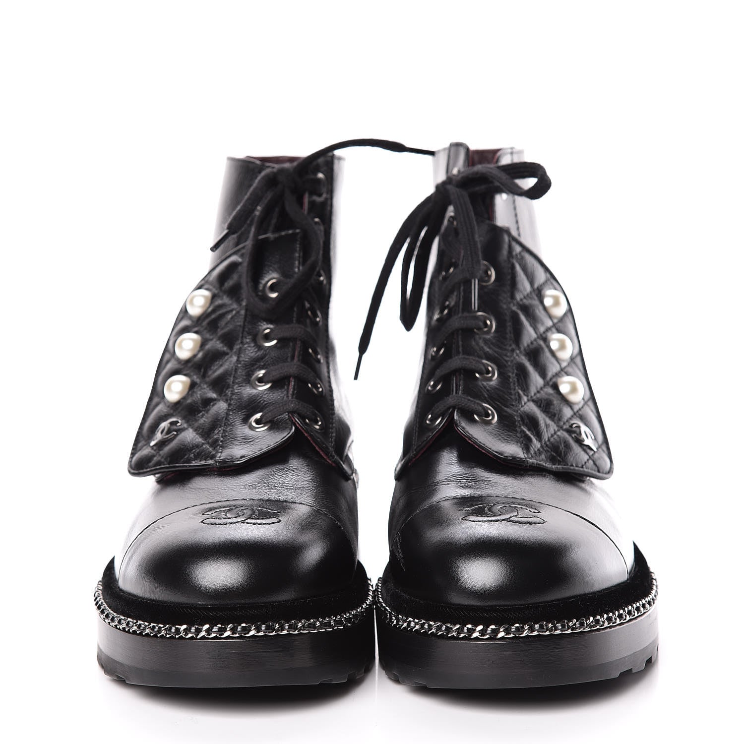 Chanel Crackled Calfskin Velvet Pearl Combat Short Boots 40 Black 2 of 8