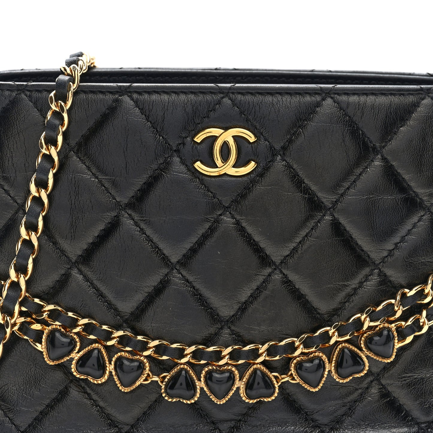 Shiny Crumpled Calfskin Quilted Clutch With Chain Black