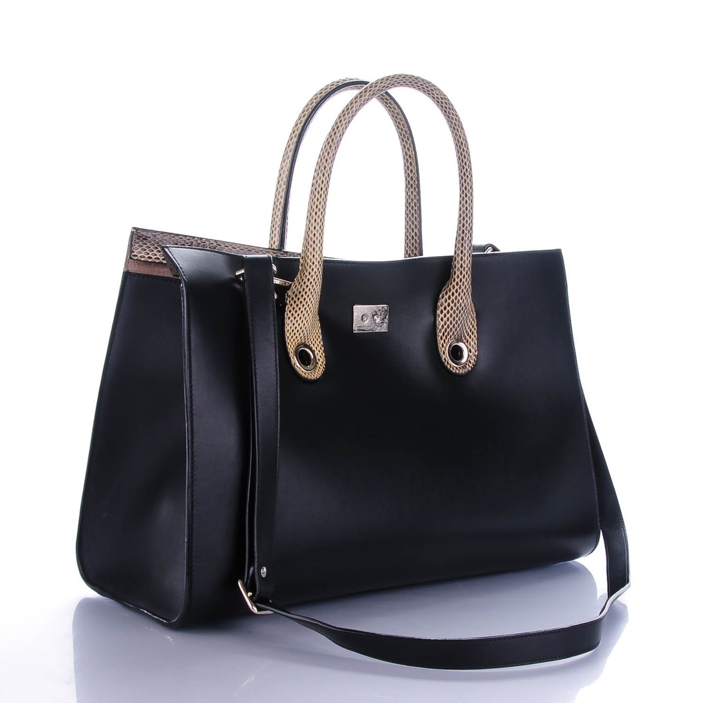 Calfskin Snakeskin Embossed Riley Tote Black