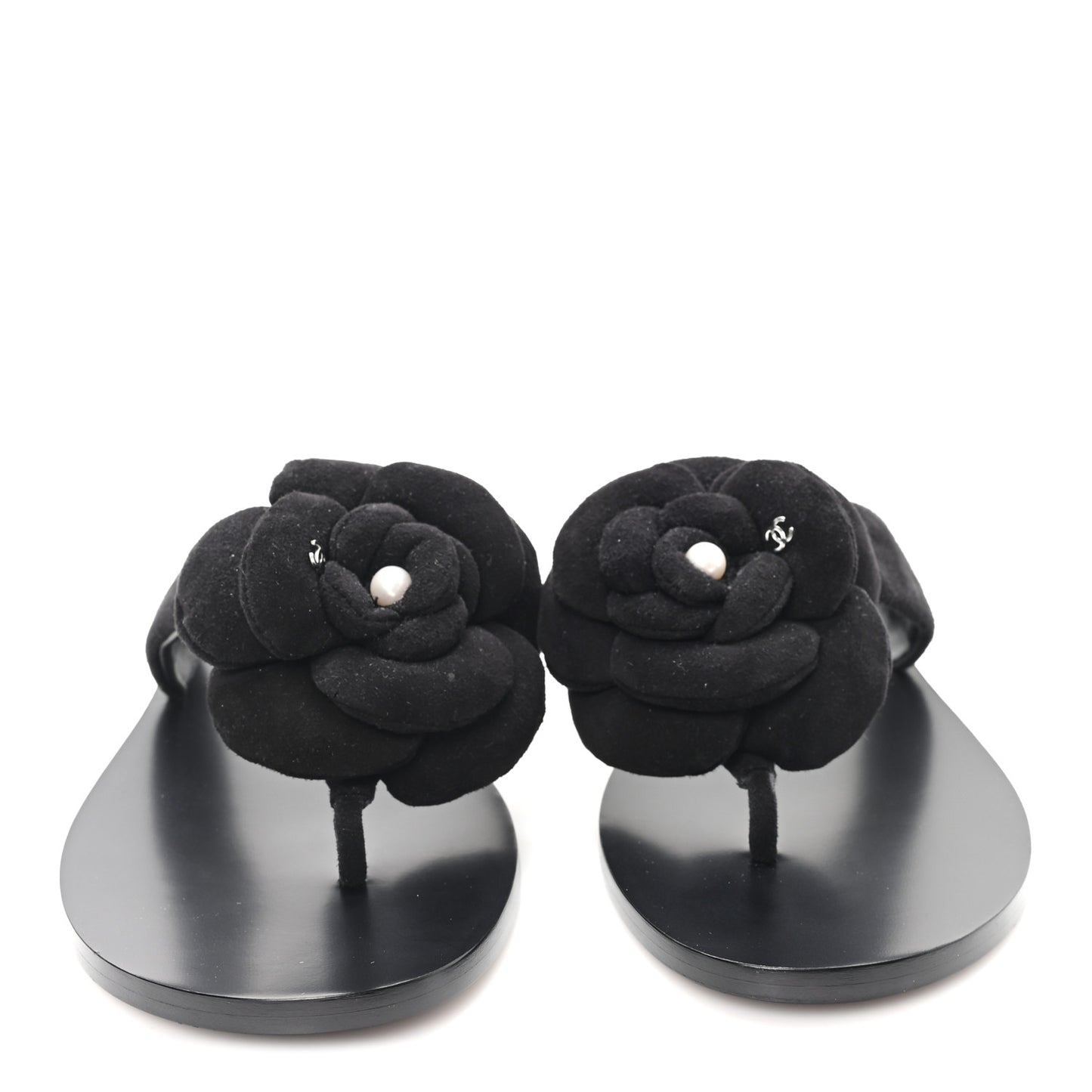 Suede Kidskin Pearl Camellia Thong Sandals 38.5 Black
