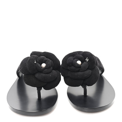 Chanel Suede Kidskin Pearl Camellia Thong Sandals 38.5 Black 3 of 10