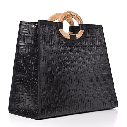 Fendi Vitello Century Wicker FF 1974 Embossed Large Runaway Shopper Tote Black 3 of 11