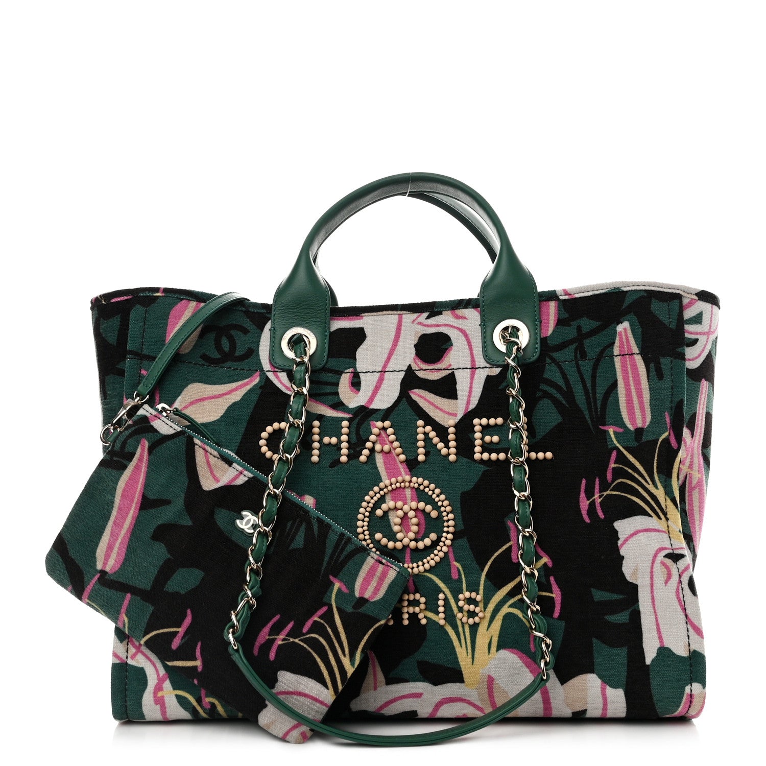Chanel Velvet Calfskin Beaded Medium Deauville Tote Pink Green Black 3 of 11