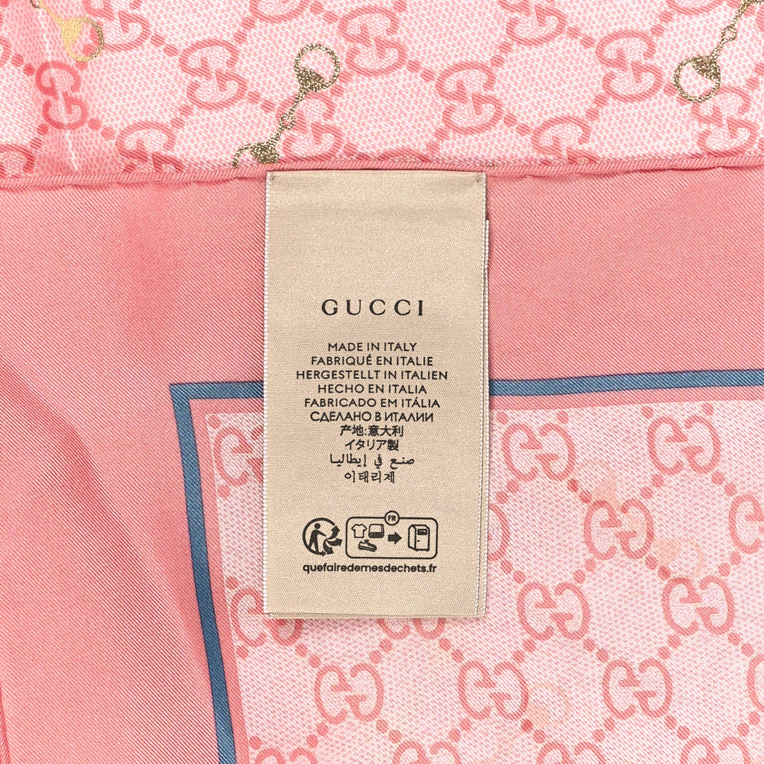 Gucci Silk Twill GG Monogram GG Gold Horsebit Square Scarf Pink Sky Blue 3 of 3