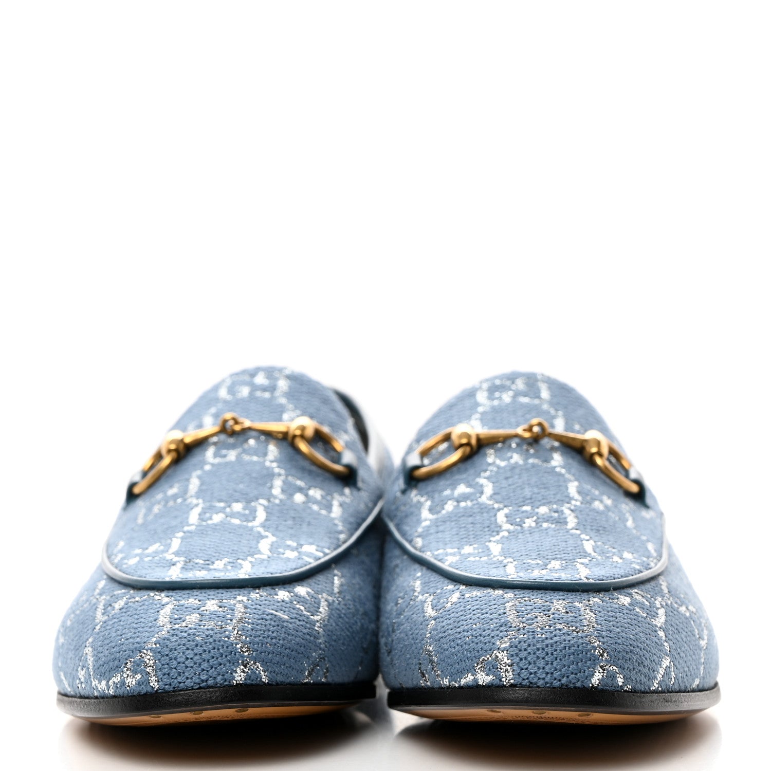 Gucci Canvas Lame GG Monogram Horsebit Womens Jordaan Loafers 37 Blue Silver Cornflower Blue 2 of 9