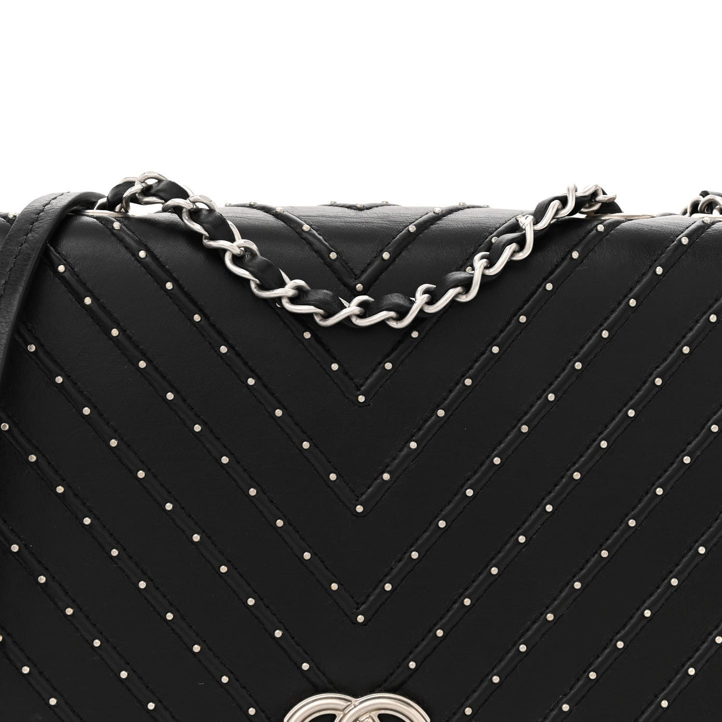 Calfskin Studded Chevron Quilted Flap Black