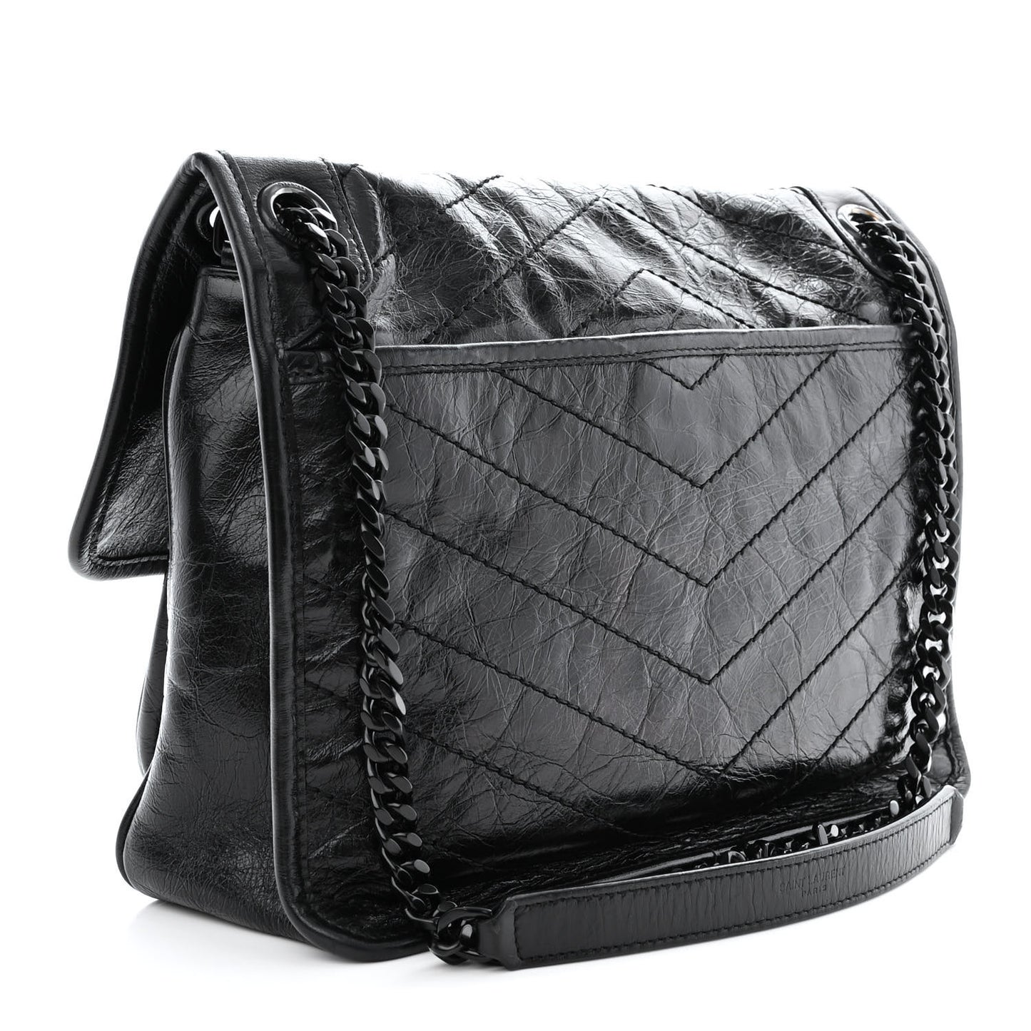 Crinkled Calfskin Matelasse Monogram Medium Niki Chain Satchel Black