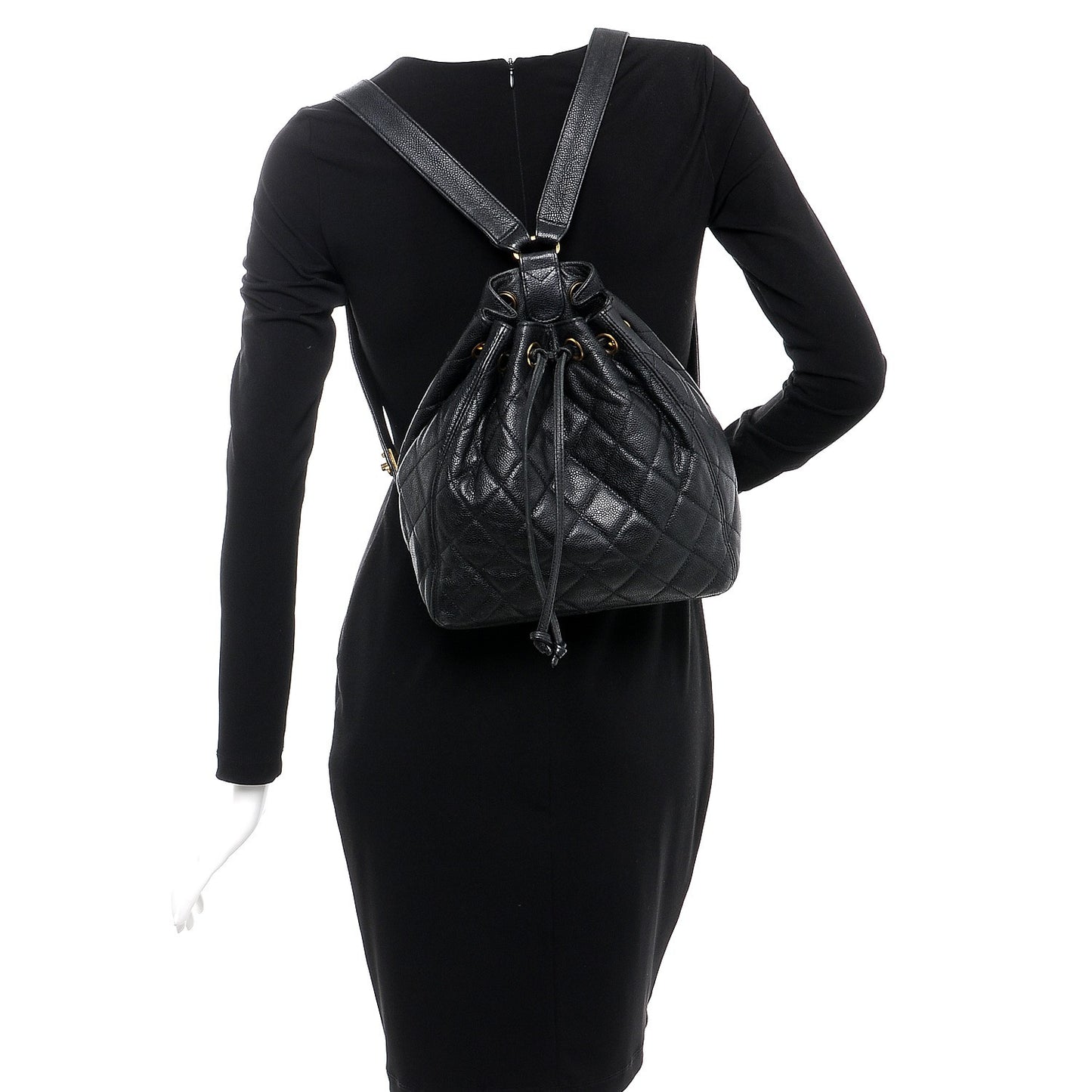 Caviar Quilted Drawstring Backpack Black