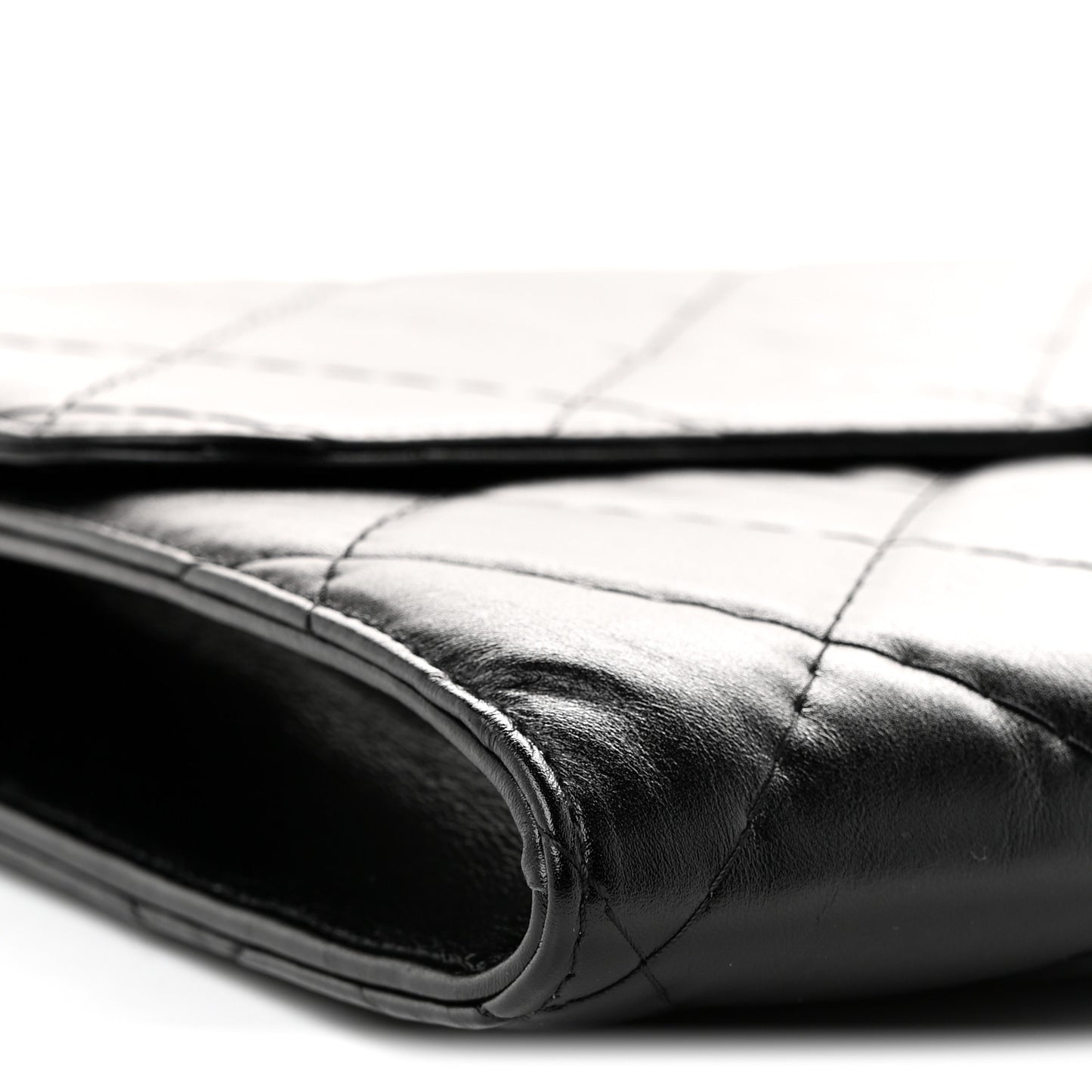 Shiny Crumpled Calfskin Quilted Large Clutch Black