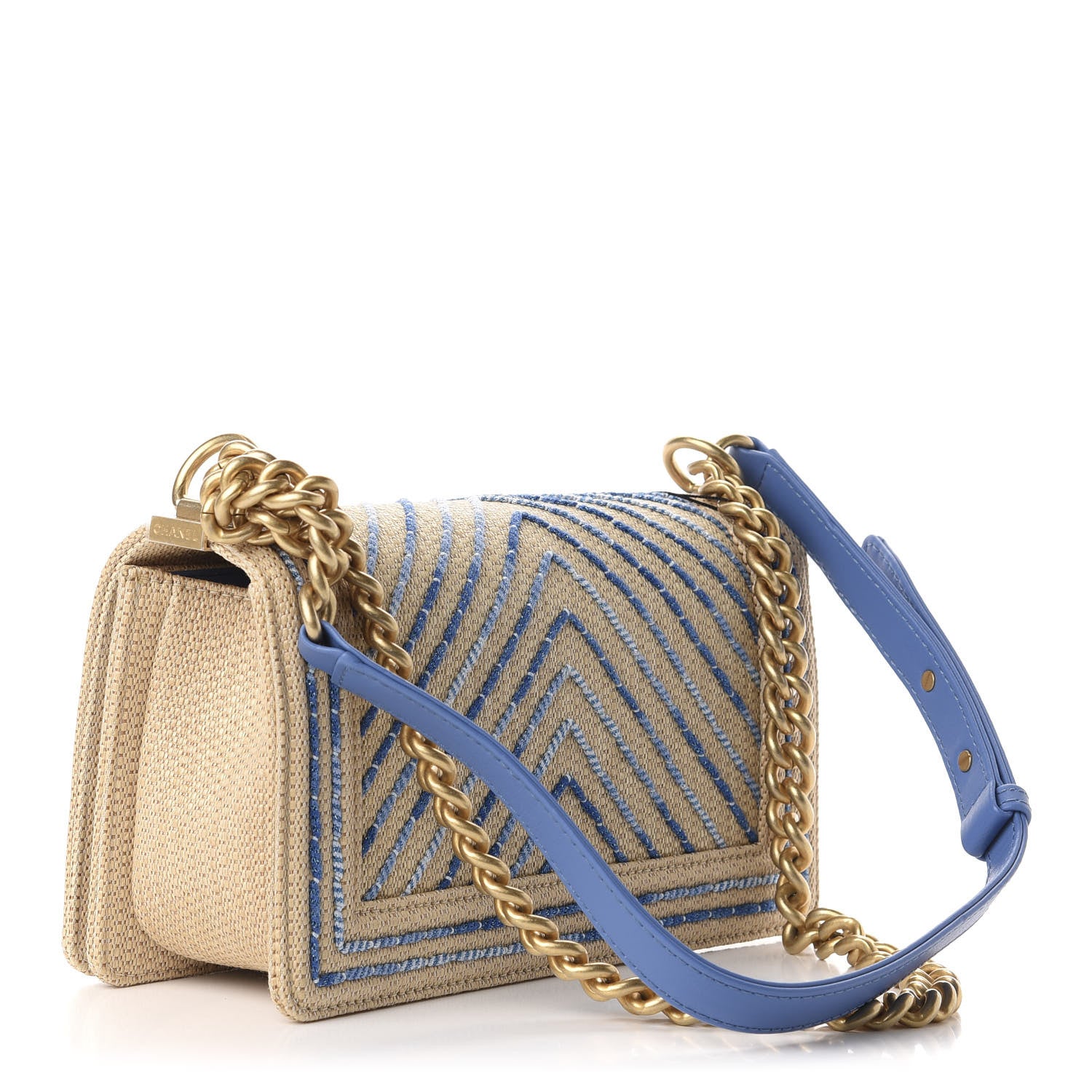 Chanel Cotton Canvas Calfskin Chevron Embroidered Medium Boy Flap Beige Blue 3 of 10