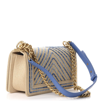 Chanel Cotton Canvas Calfskin Chevron Embroidered Medium Boy Flap Beige Blue 3 of 10