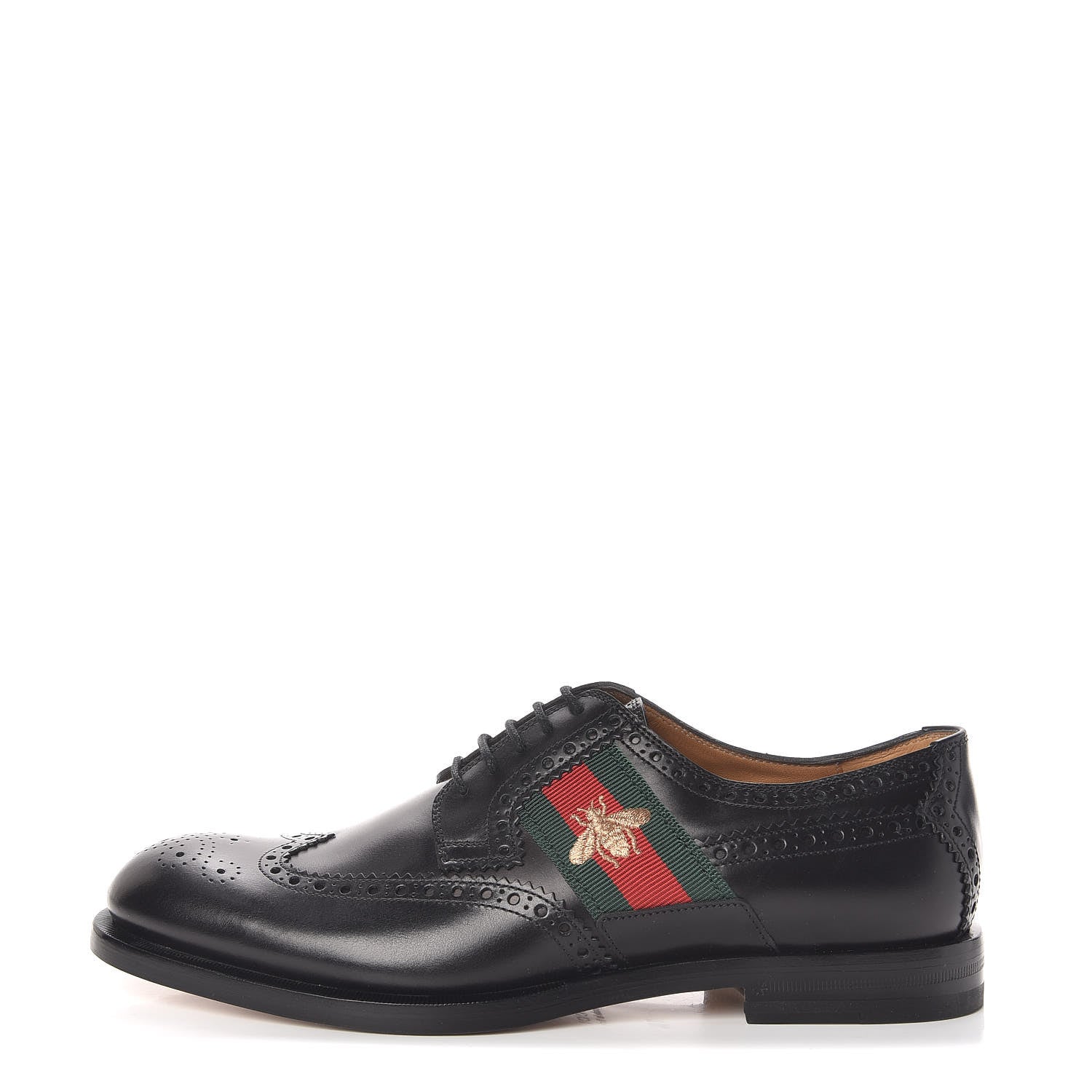 Gucci Calfskin Web Bee Embroidered Mens Wingtip Derby Loafers 7.5 Black 1 of 11