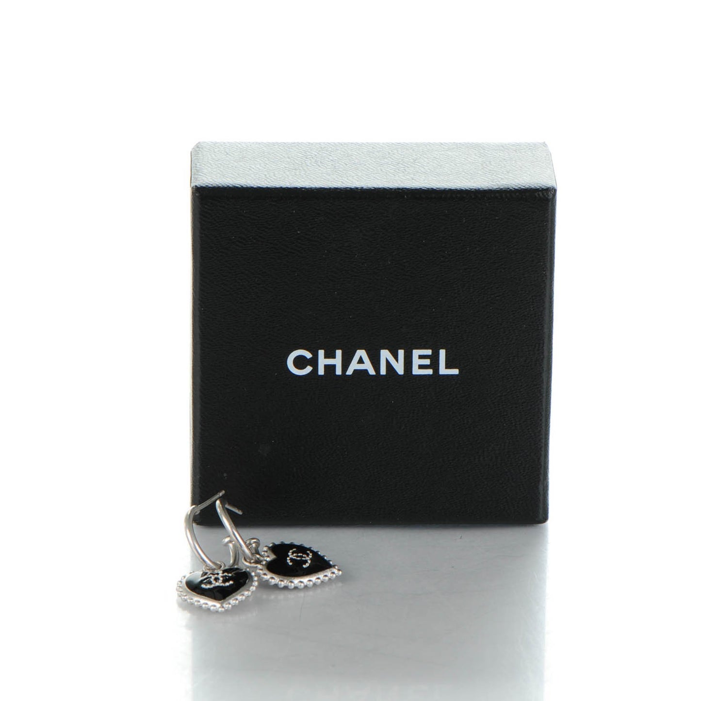 Enamel Heart CC Drop Earrings Black Silver