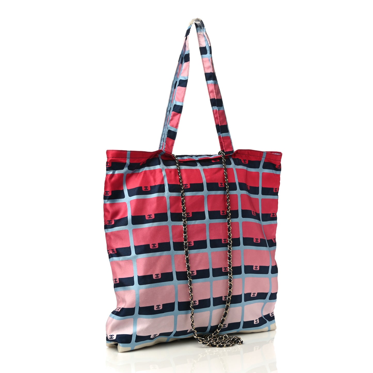 Jersey Fabric Quilted Foldable Tote With Chain Pink Multicolor